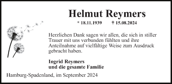 Traueranzeige von Helmut Reymers von Bergedorfer Zeitung