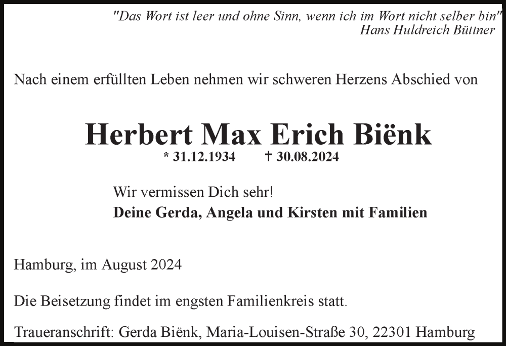  Traueranzeige für Herbert Max Erich Bienk vom 07.09.2024 aus Hamburger Abendblatt