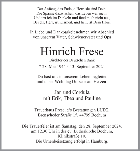 Traueranzeige von Hinrich Frese von Hamburger Abendblatt