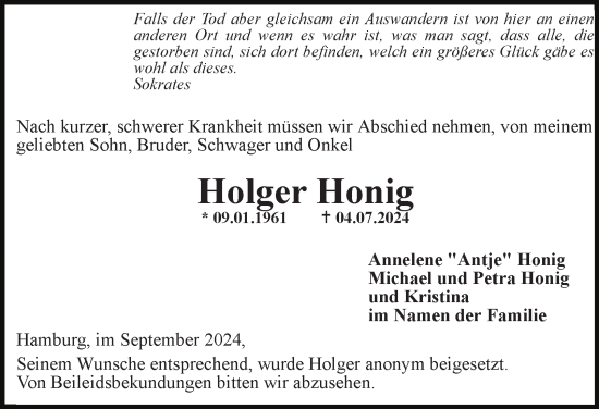 Traueranzeige von Holger Honig 