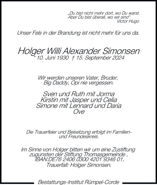 Traueranzeige von Holger Willi Alexander Simonsen von Hamburger Abendblatt