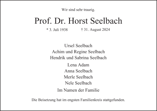 Traueranzeige von Horst Seelbach von Hamburger Abendblatt