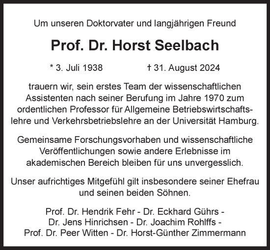 Traueranzeige von Horst Seelbach von Hamburger Abendblatt