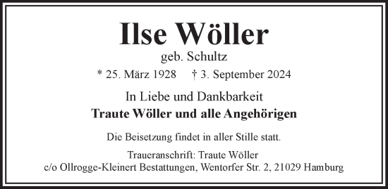 Traueranzeige von Ilse Wöller von Hamburger Abendblatt