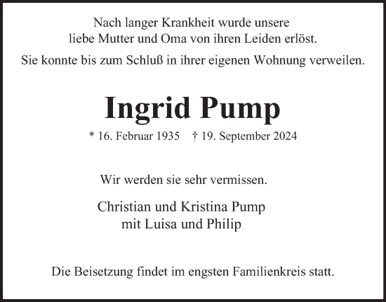 Traueranzeige von Ingrid Pump von Hamburger Abendblatt