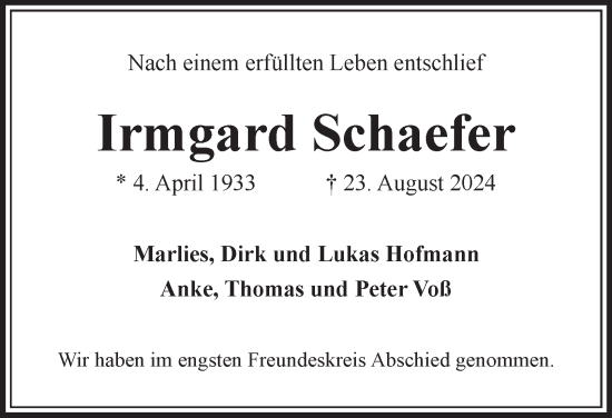 Traueranzeige von Irmgard Schaefer von Bergedorfer Zeitung