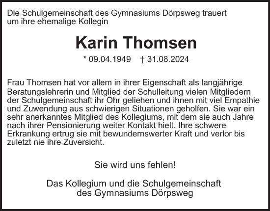 Traueranzeige von Karin Thomsen von Hamburger Abendblatt