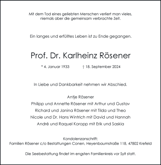 Traueranzeige von Karlheinz Rösener von Hamburger Abendblatt