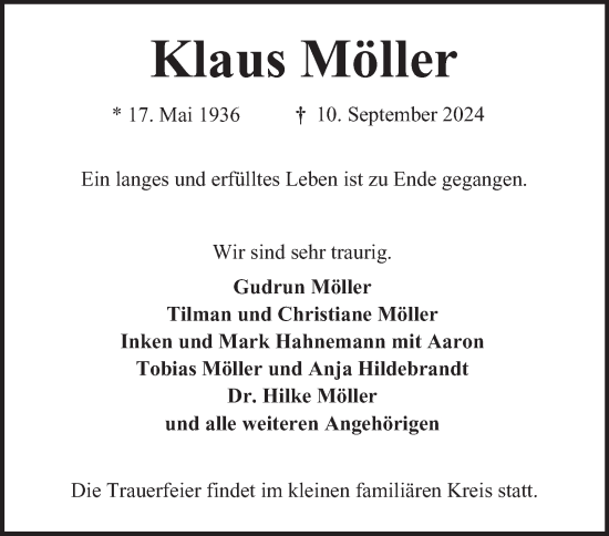Traueranzeige von Klaus Möller von Bergedorfer Zeitung