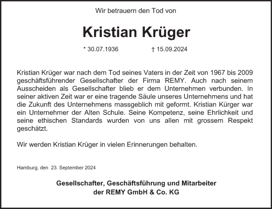 Traueranzeige von Kristian Krüger von Hamburger Abendblatt