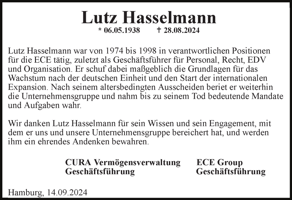  Traueranzeige für Lutz Hasselmann vom 14.09.2024 aus Hamburger Abendblatt