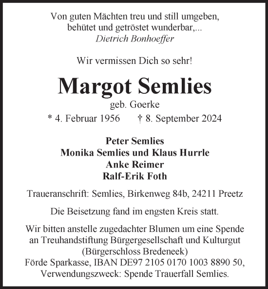 Traueranzeige von Margot Semlies 