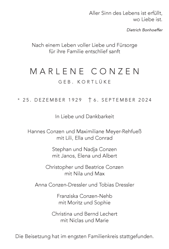 Traueranzeige von Marlene Conzen von Hamburger Abendblatt