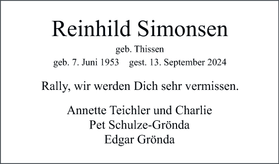 Traueranzeige von Reinhild Simonsen von Hamburger Abendblatt