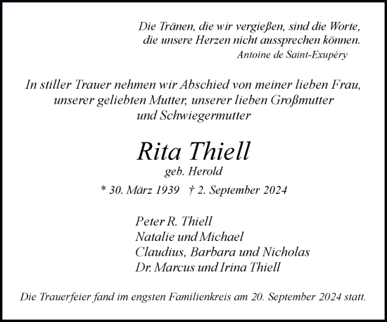 Traueranzeige von Rita Thiell von Hamburger Abendblatt