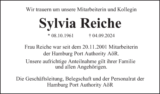 Traueranzeige von Sylvia Reiche von Hamburger Abendblatt