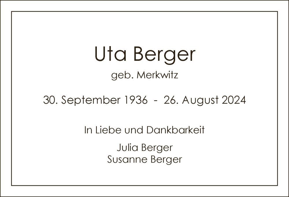  Traueranzeige für Uta Berger vom 07.09.2024 aus Hamburger Abendblatt