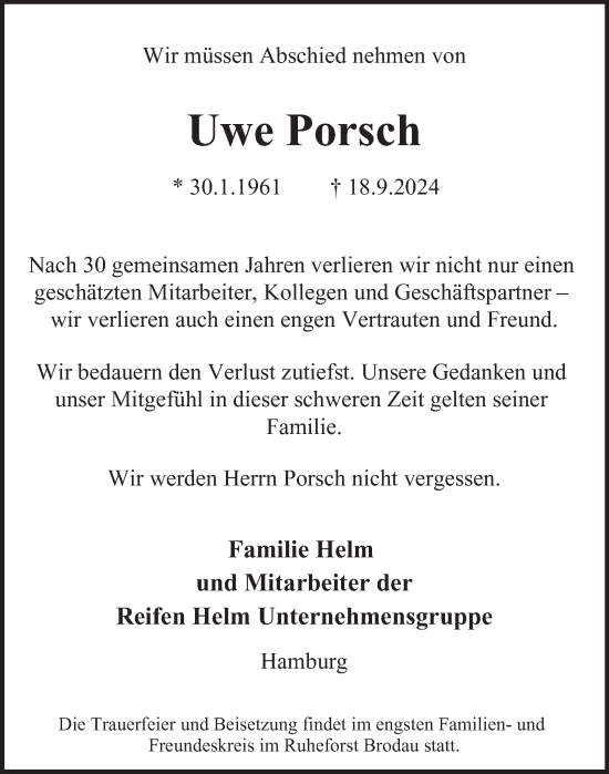 Traueranzeige von Uwe Porsch von Hamburger Abendblatt