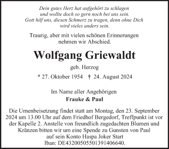 Traueranzeige von Wolfgang Griewaldt von Bergedorfer Zeitung
