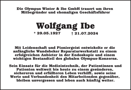 Traueranzeige von Wolfgang Ibe von Hamburger Abendblatt