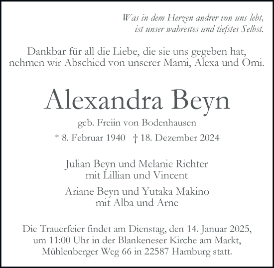 Traueranzeige von Alexandra Beyn von Hamburger Abendblatt