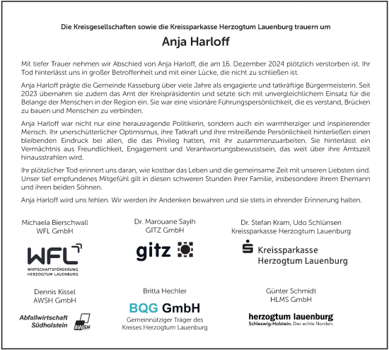 Traueranzeige von Anja Harloff von Bergedorfer Zeitung