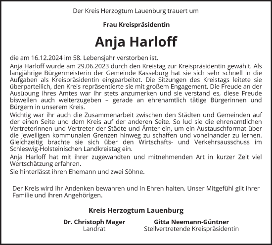 Traueranzeige von Anja Harloff von Bergedorfer Zeitung
