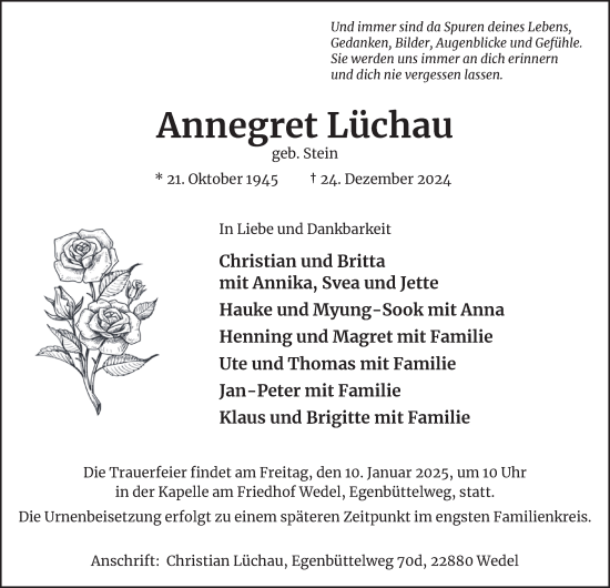 Traueranzeige von Annegret Lüchau von Hamburger Abendblatt