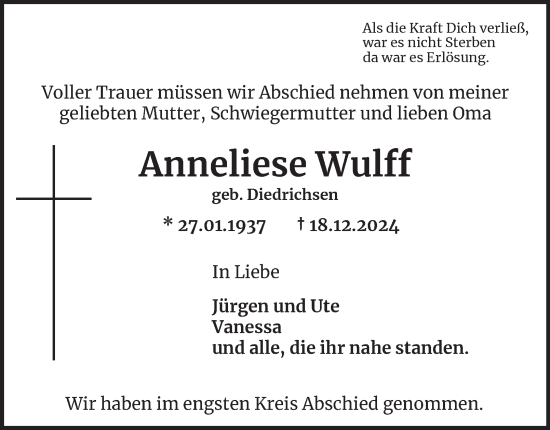 Traueranzeige von Anneliese Wulff von Hamburger Abendblatt