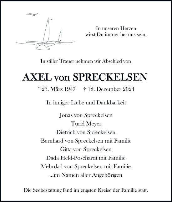 Traueranzeige von Axel von Spreckelsen von Hamburger Abendblatt