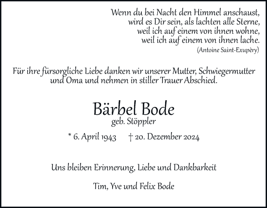 Traueranzeige von Bärbel Bode von Hamburger Abendblatt