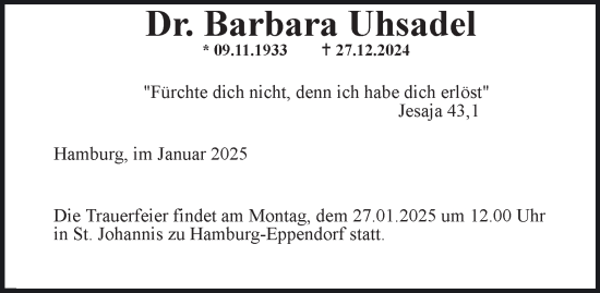 Traueranzeige von Barbara Uhsadel von Hamburger Abendblatt