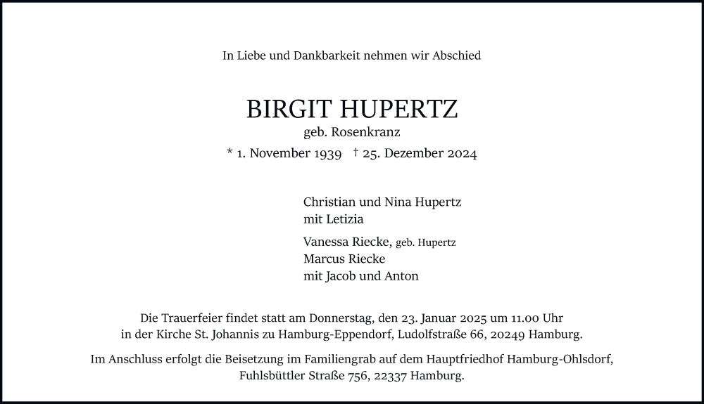 Traueranzeige für Birgit Hupertz vom 11.01.2025 aus Hamburger Abendblatt
