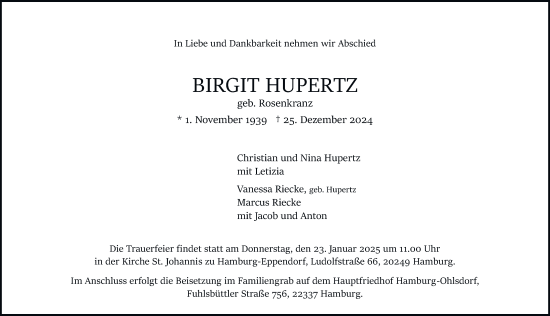 Traueranzeige von Birgit Hupertz von Hamburger Abendblatt