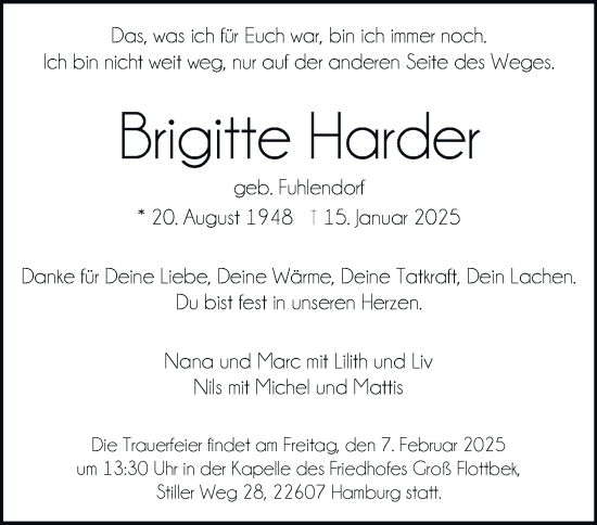 Traueranzeige von Brigitte Harder von Hamburger Abendblatt