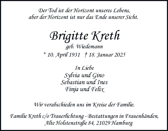 Traueranzeige von Brigitte Kreth von Bergedorfer Zeitung