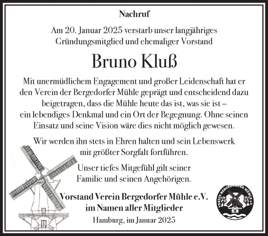 Traueranzeige von Bruno Kluß von Bergedorfer Zeitung