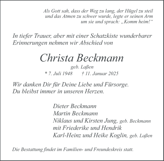 Traueranzeige von Christa Beckmann von Hamburger Abendblatt