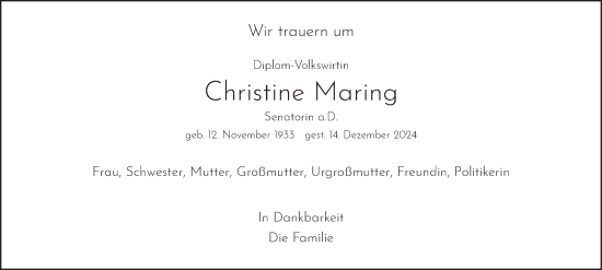 Traueranzeige von Christine Maring von Hamburger Abendblatt