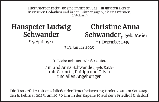 Traueranzeige von Christine Anna Schwander von Hamburger Abendblatt