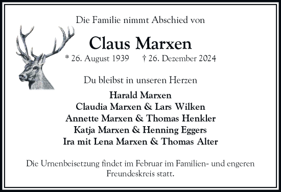 Traueranzeige von Claus Marxen von Hamburger Abendblatt