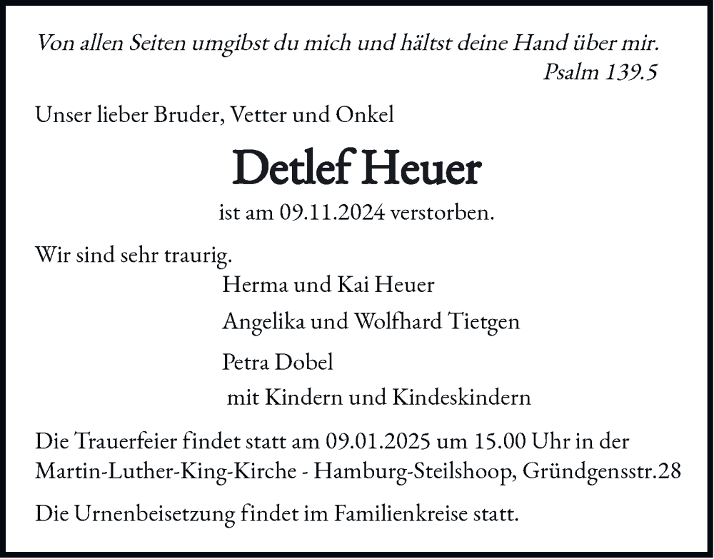  Traueranzeige für Detlef Heuer vom 04.01.2025 aus Hamburger Abendblatt