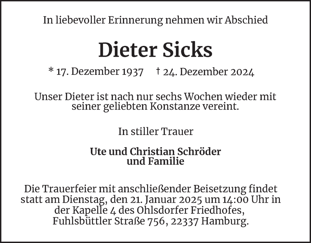  Traueranzeige für Dieter Sicks vom 11.01.2025 aus Hamburger Abendblatt