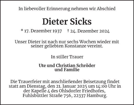 Traueranzeige von Dieter Sicks von Hamburger Abendblatt