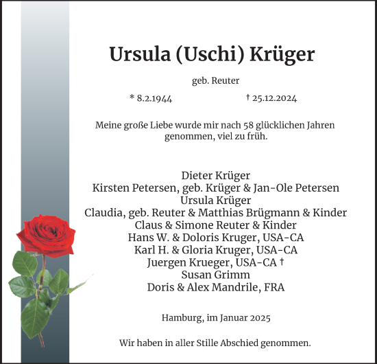 Traueranzeige von Ursula Krüger von Hamburger Abendblatt