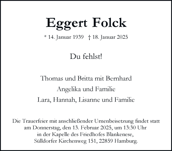 Traueranzeige von Eggert Folck von Hamburger Abendblatt