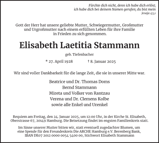 Traueranzeige von Elisabeth Laetitia Stammann von Hamburger Abendblatt