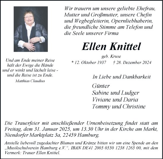 Traueranzeige von Ellen Knittel von Hamburger Abendblatt