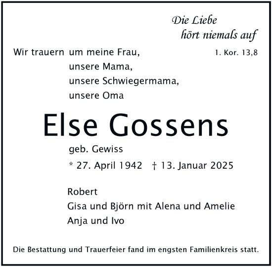 Traueranzeige von Else Gossens von Hamburger Abendblatt