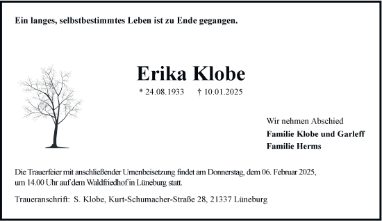 Traueranzeige von Erika Klobe von Bergedorfer Zeitung